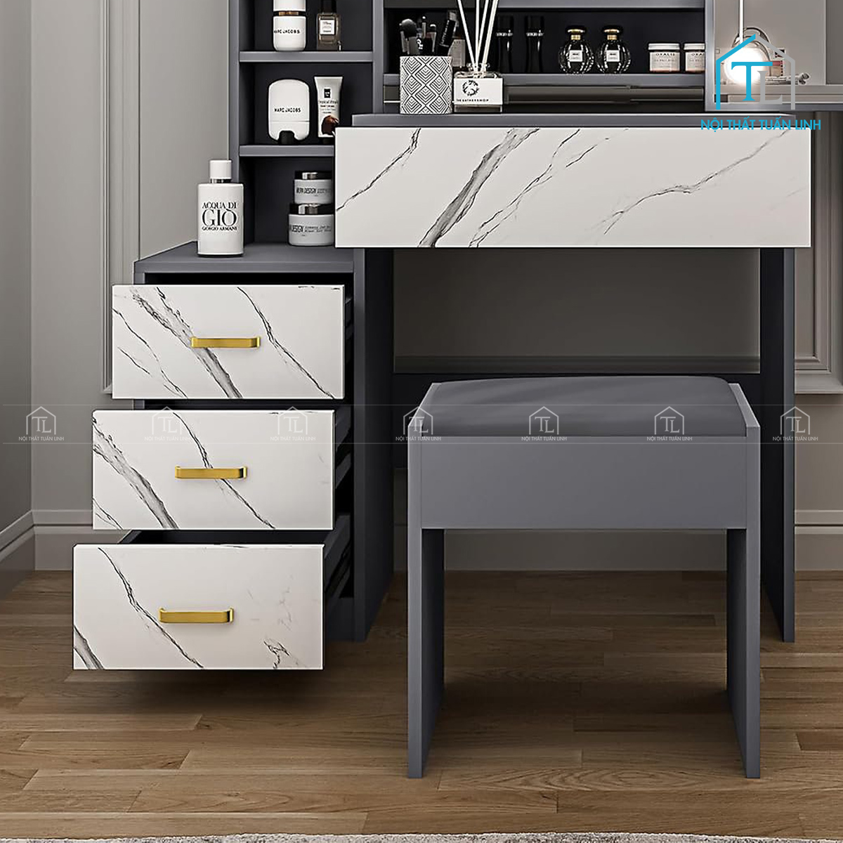 Bàn trang điểm MDF có đèn LED thiết kế gương trượt