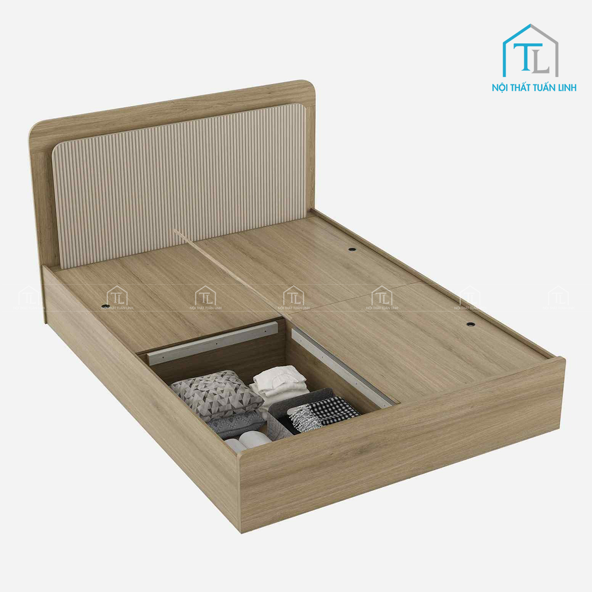 Giường ngủ gỗ công nghiệp có hộc chứa đồ màu vân gỗ sồi hiện đại