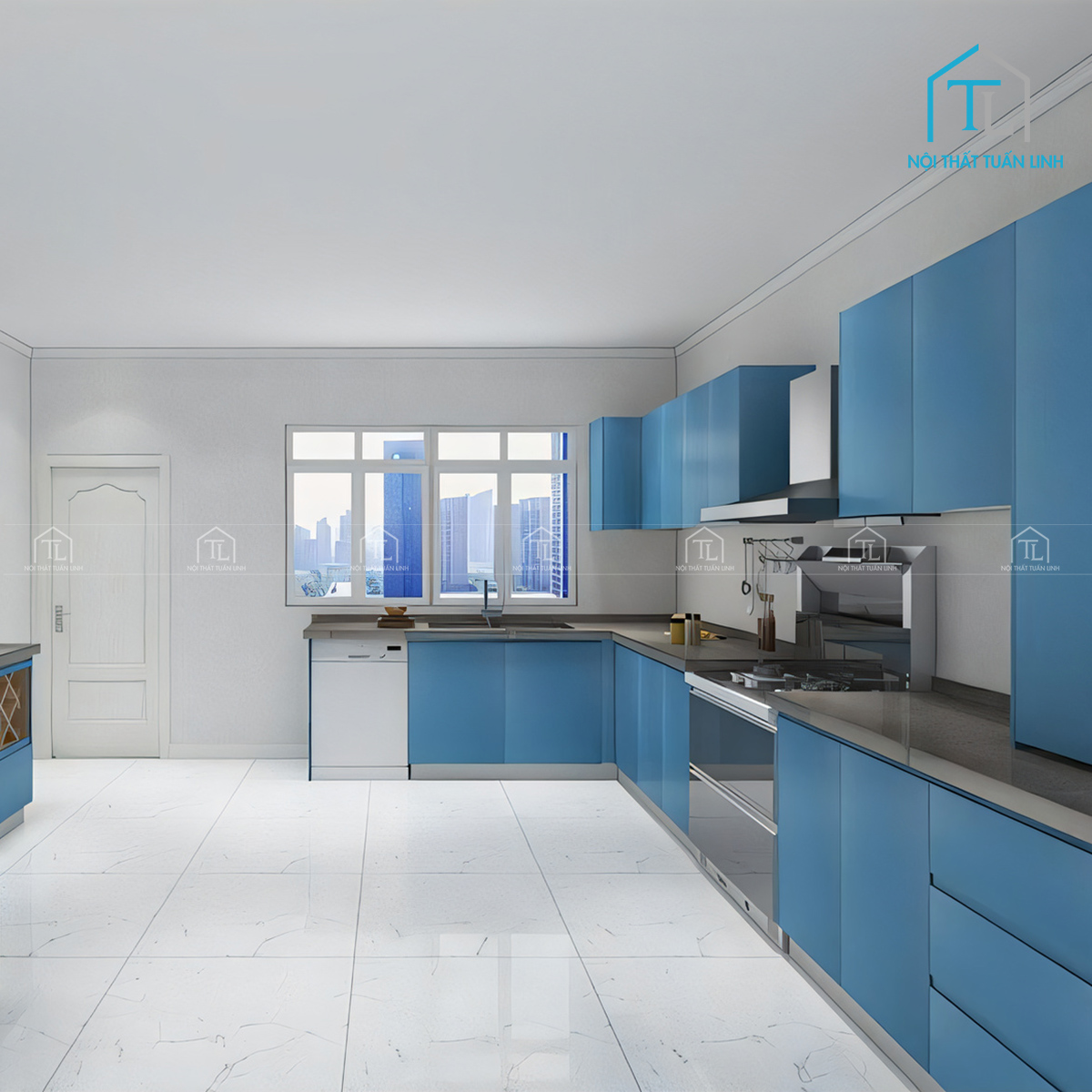 Tủ bếp Acrylic xanh dương bóng gương thiết kế hiện đại