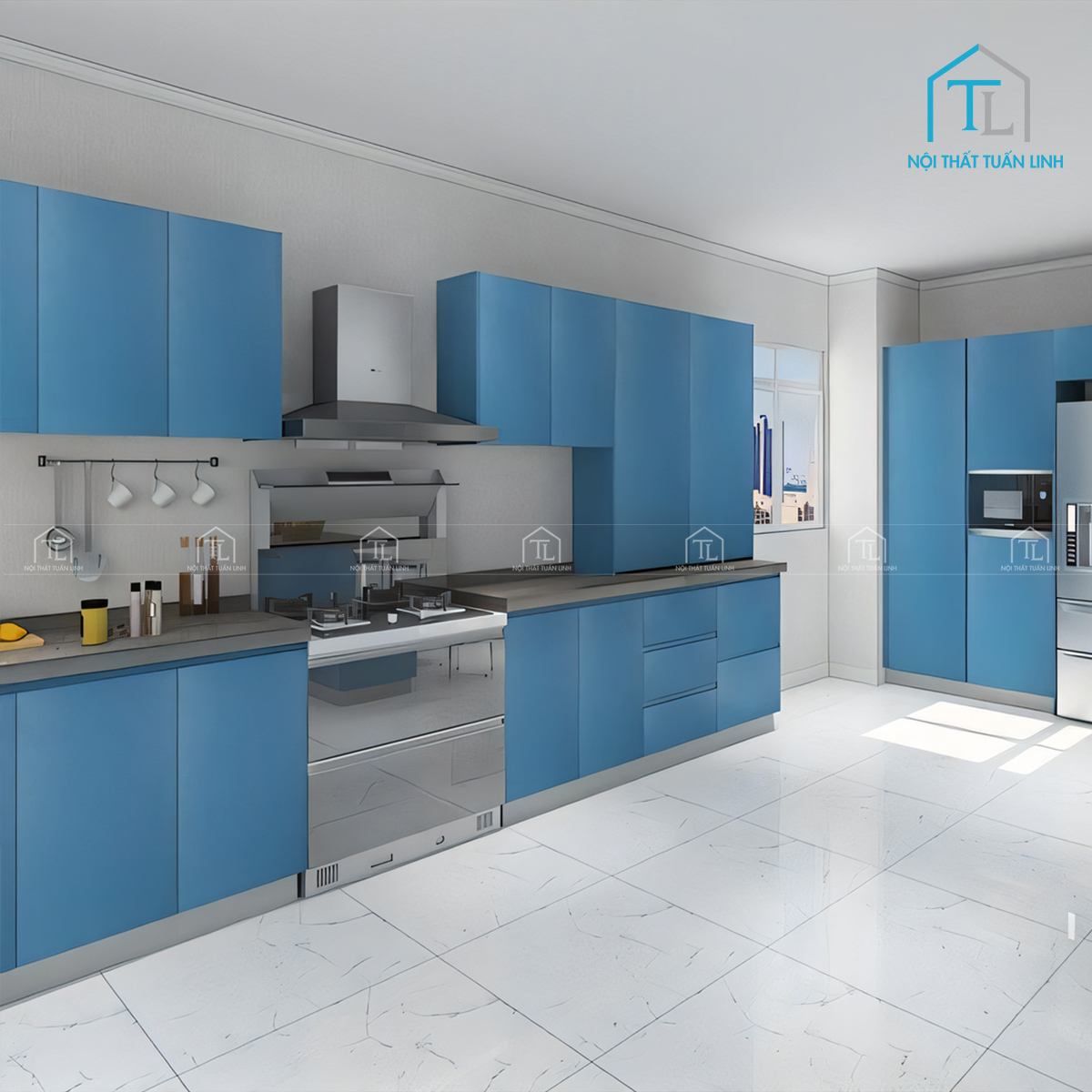 Tủ bếp Acrylic xanh dương bóng gương thiết kế hiện đại