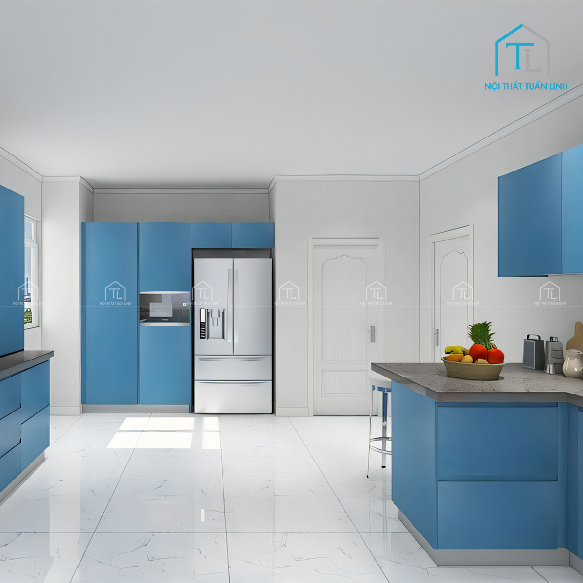 Tủ bếp Acrylic xanh dương bóng gương thiết kế hiện đại