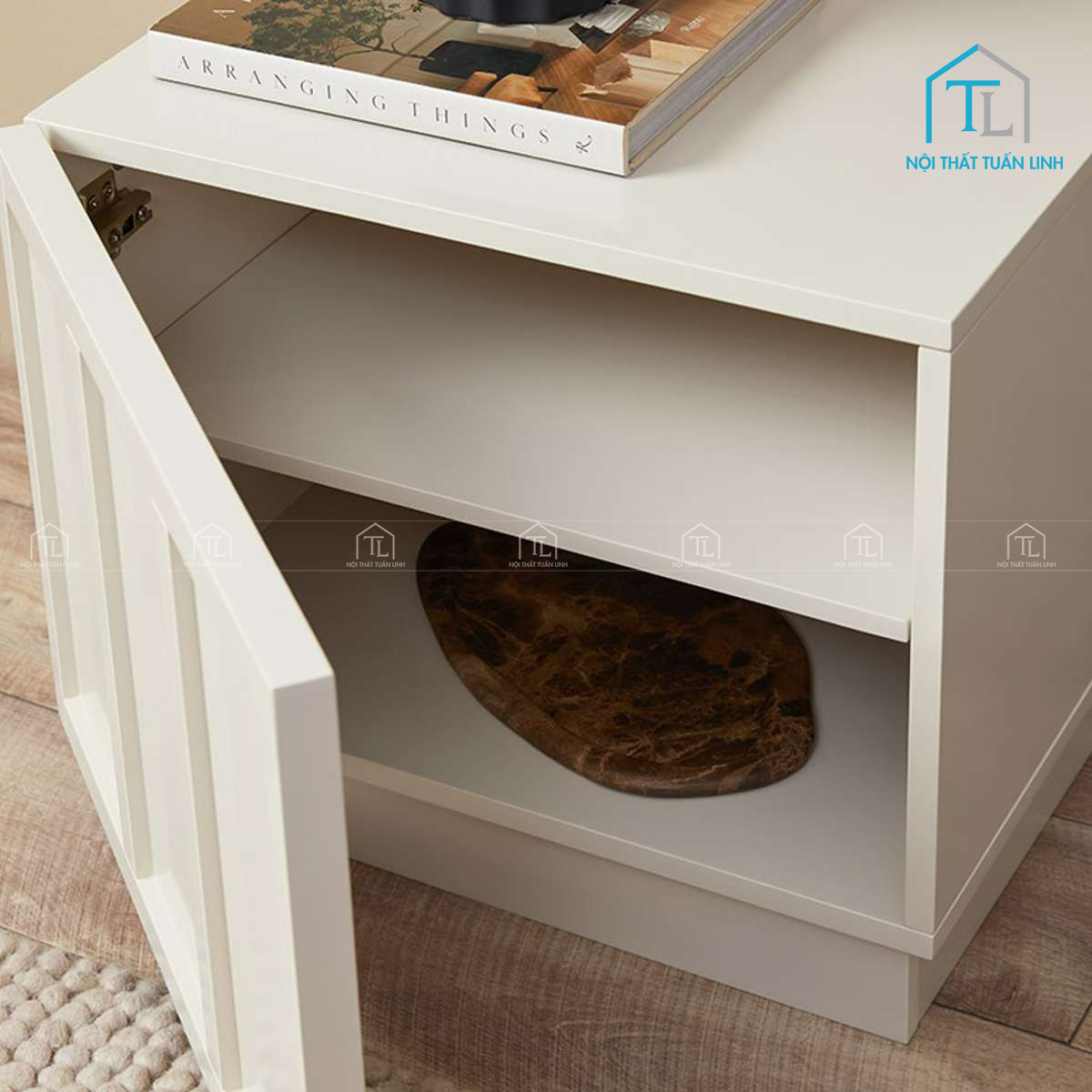 Tủ đầu giường MDF sơn màu be phong cách hiện đại