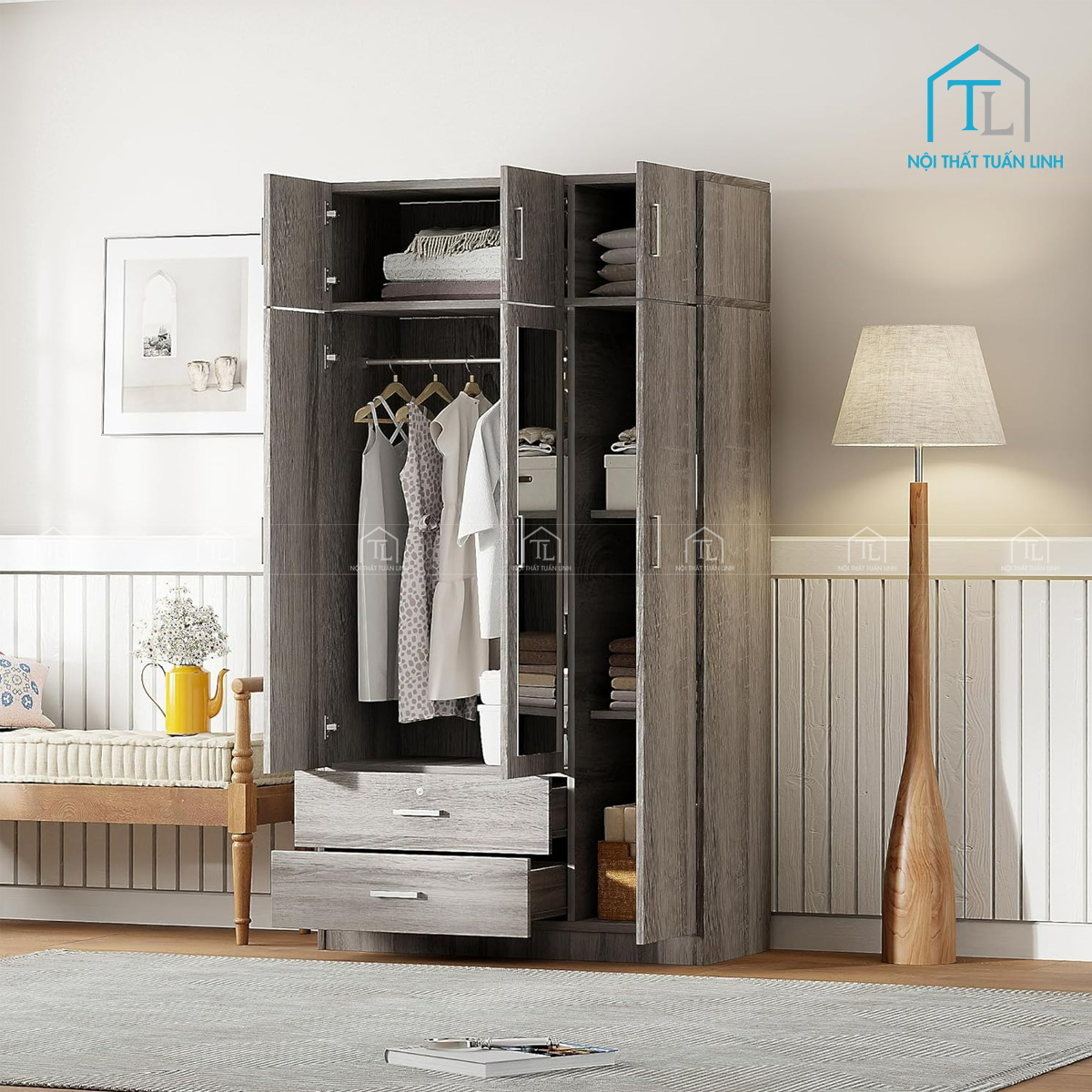 Tủ quần áo 3 cánh có gương gỗ MDF tích hợp ngăn kéo