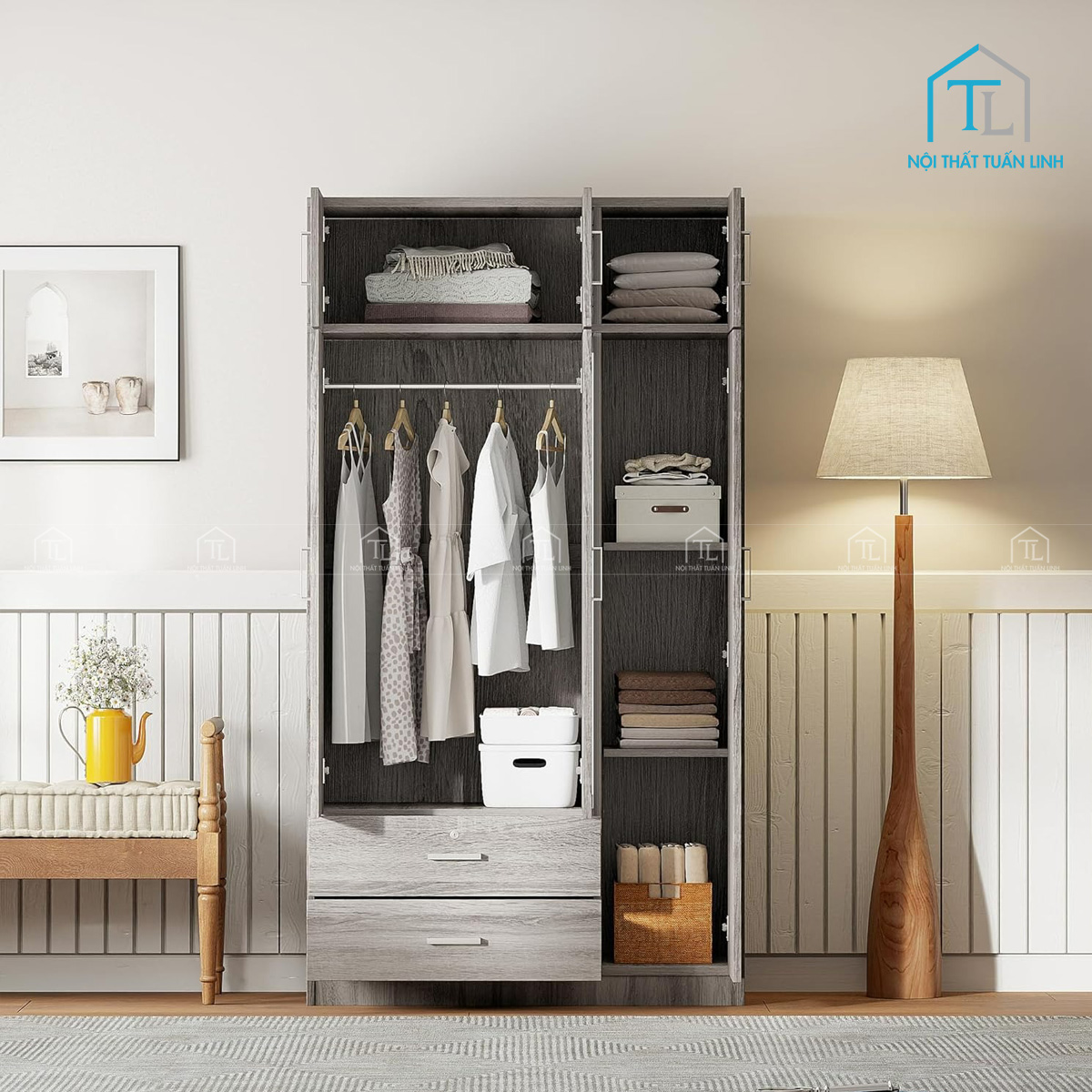 Tủ quần áo 3 cánh có gương gỗ MDF tích hợp ngăn kéo