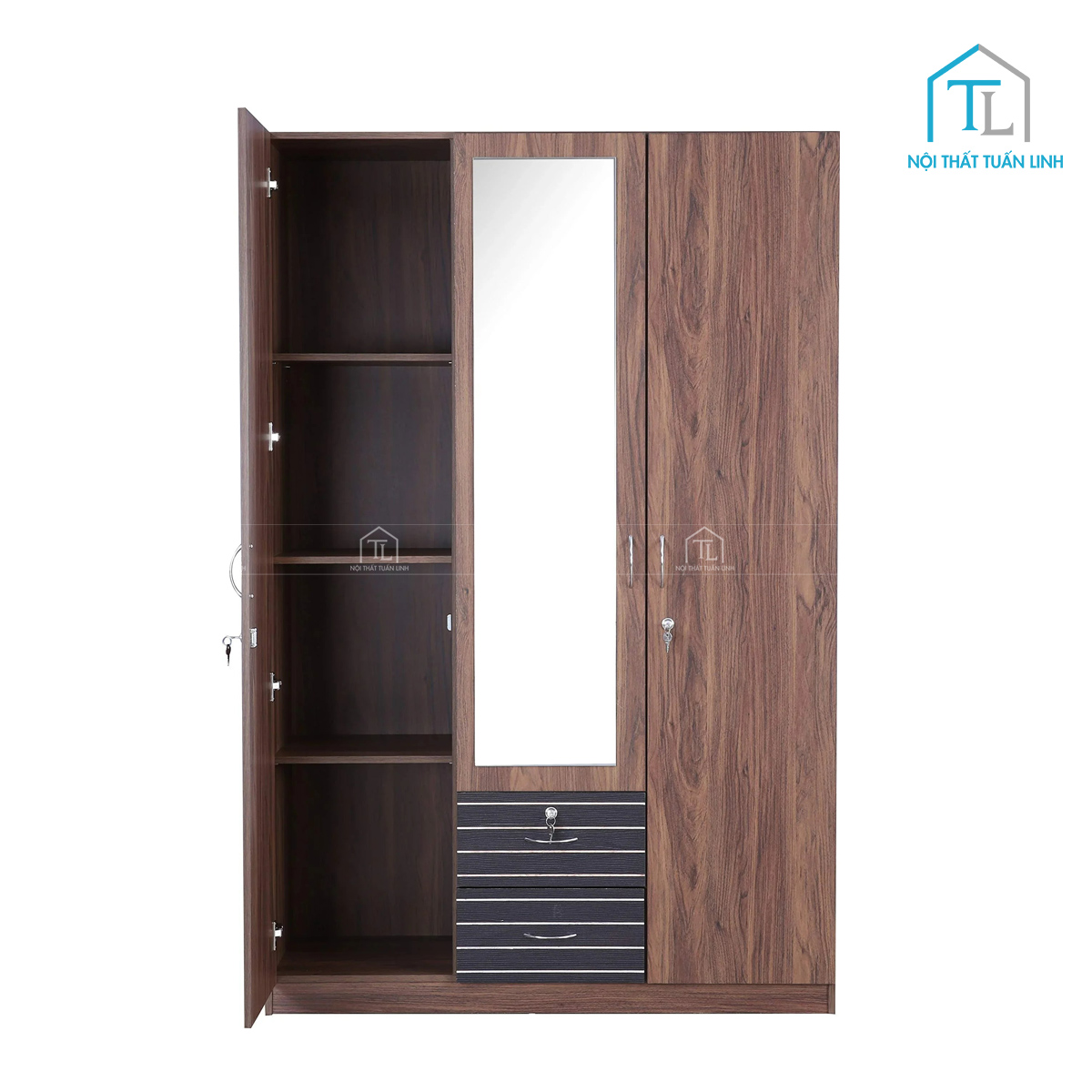 Tủ quần áo 3 cánh gỗ công nghiệp có gương thiết kế màu nâu vân gỗ