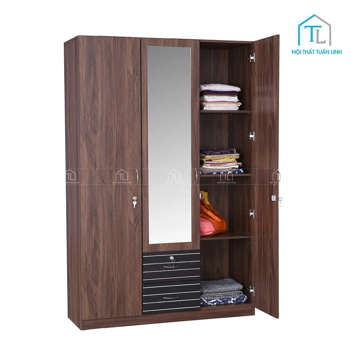 Tủ quần áo 3 cánh gỗ công nghiệp có gương thiết kế màu nâu vân gỗ