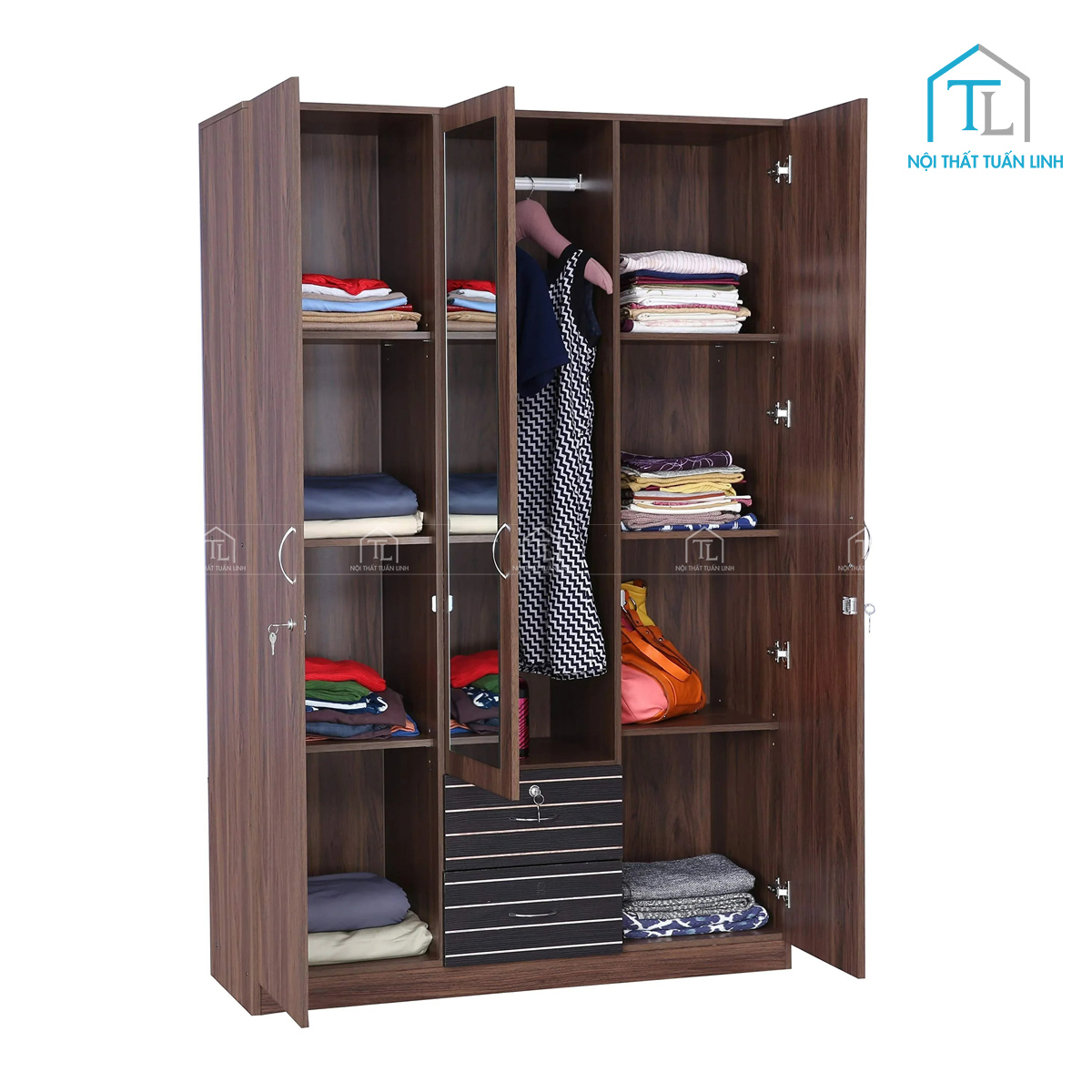 Tủ quần áo 3 cánh gỗ công nghiệp có gương thiết kế màu nâu vân gỗ