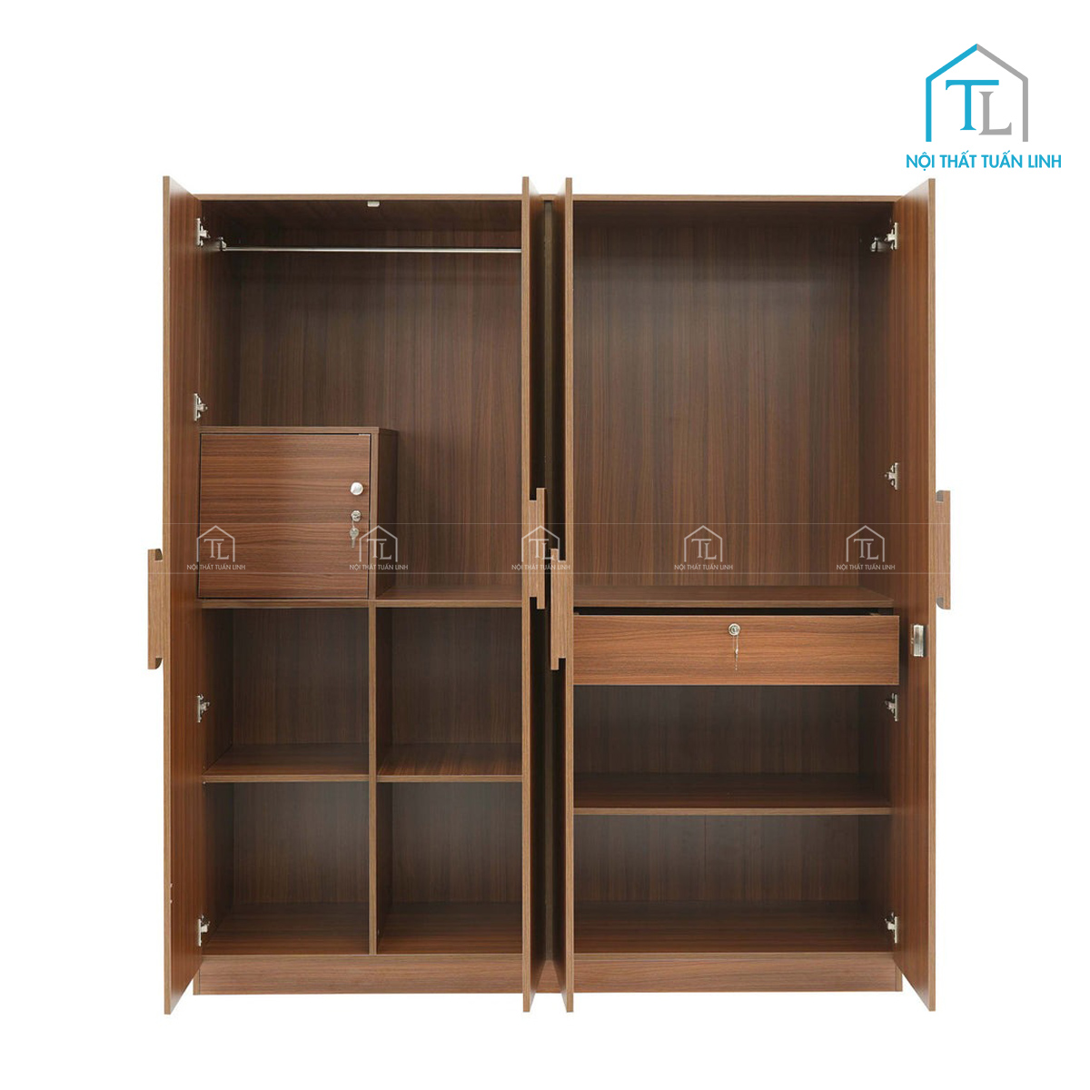 Tủ quần áo 4 cánh gỗ MDFmàu walnut kèm gương