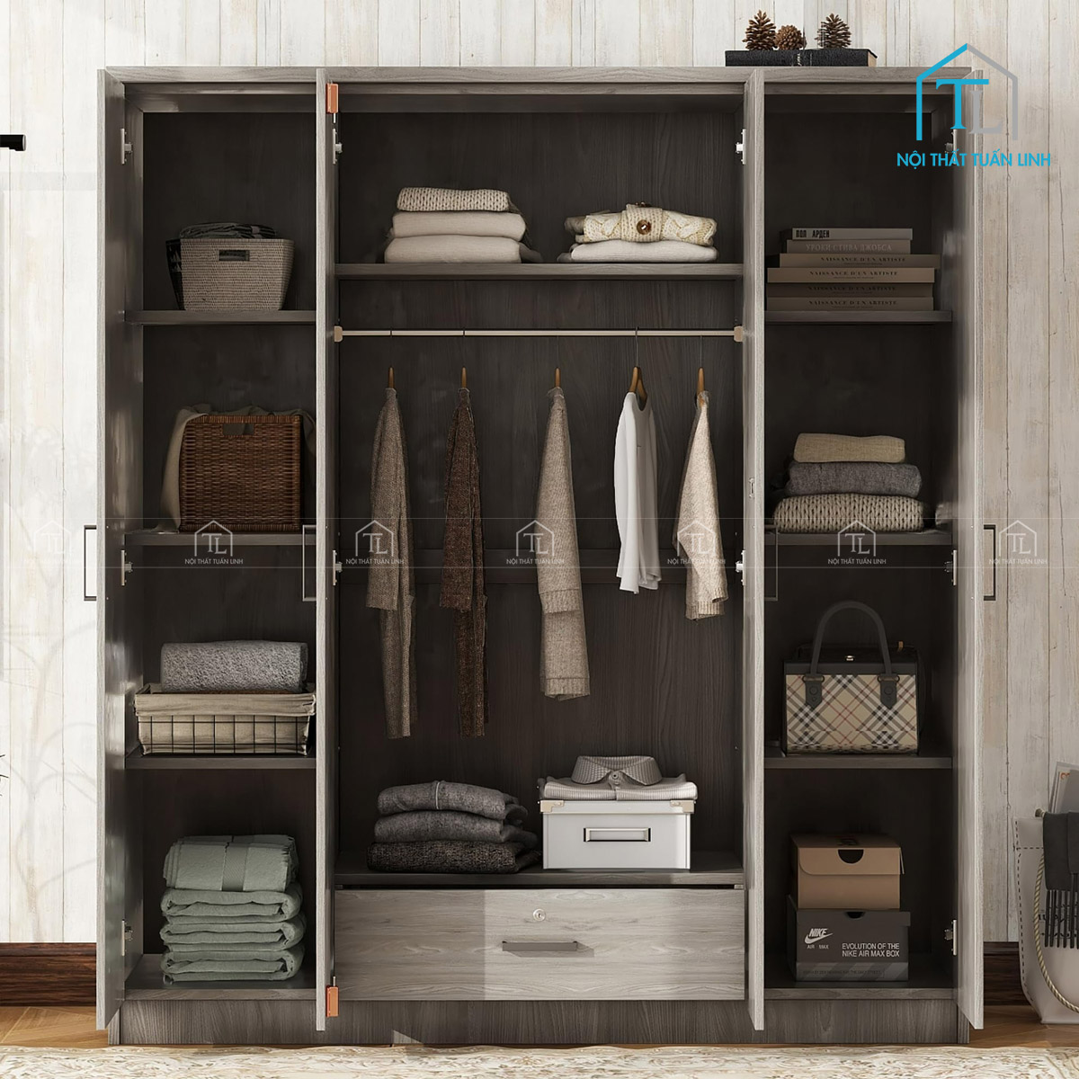 Tủ quần áo 4 cánh gỗ MDF màu xám vân gỗ, thiết kế hiện đại có ngăn kéo