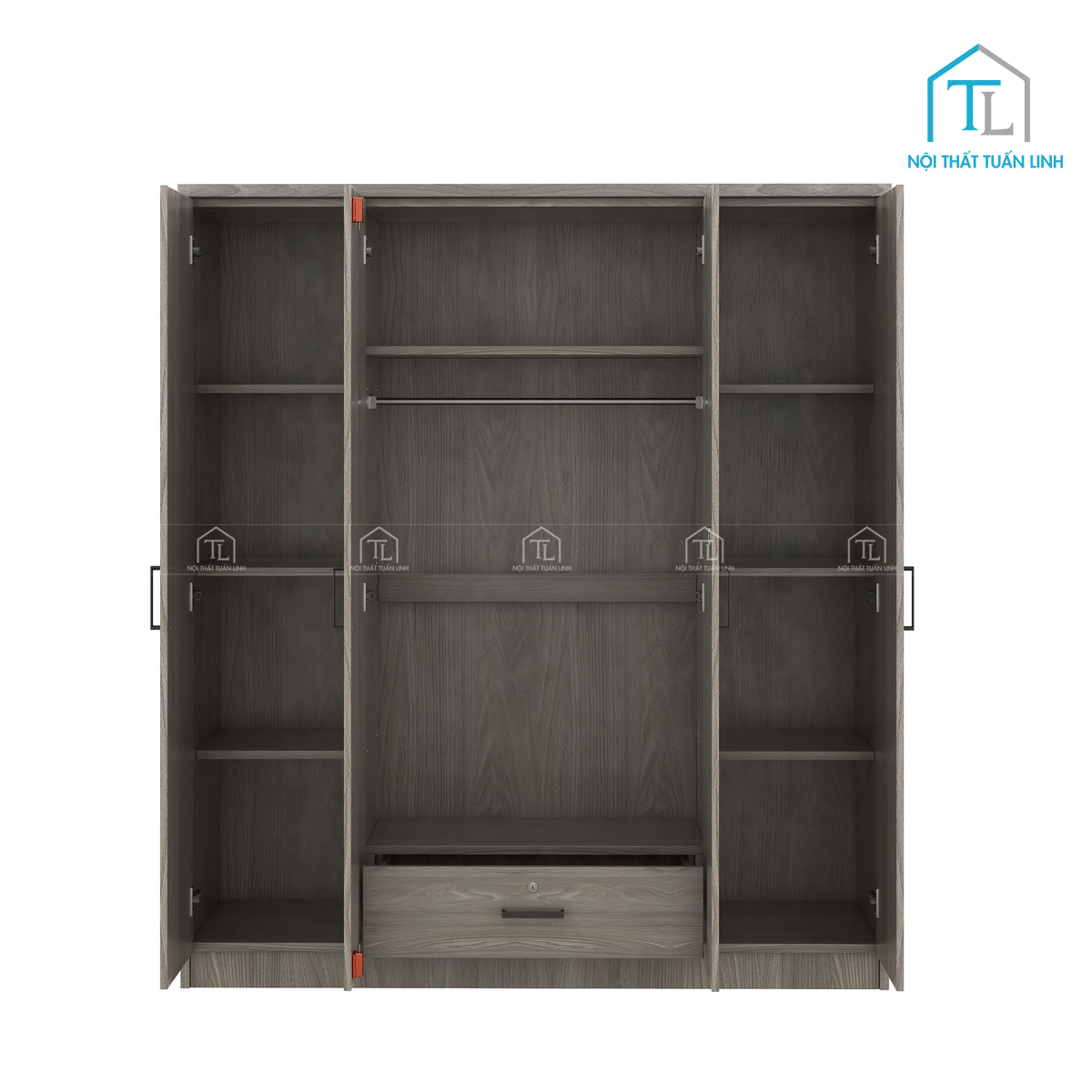 Tủ quần áo 4 cánh gỗ MDF màu xám vân gỗ, thiết kế hiện đại có ngăn kéo
