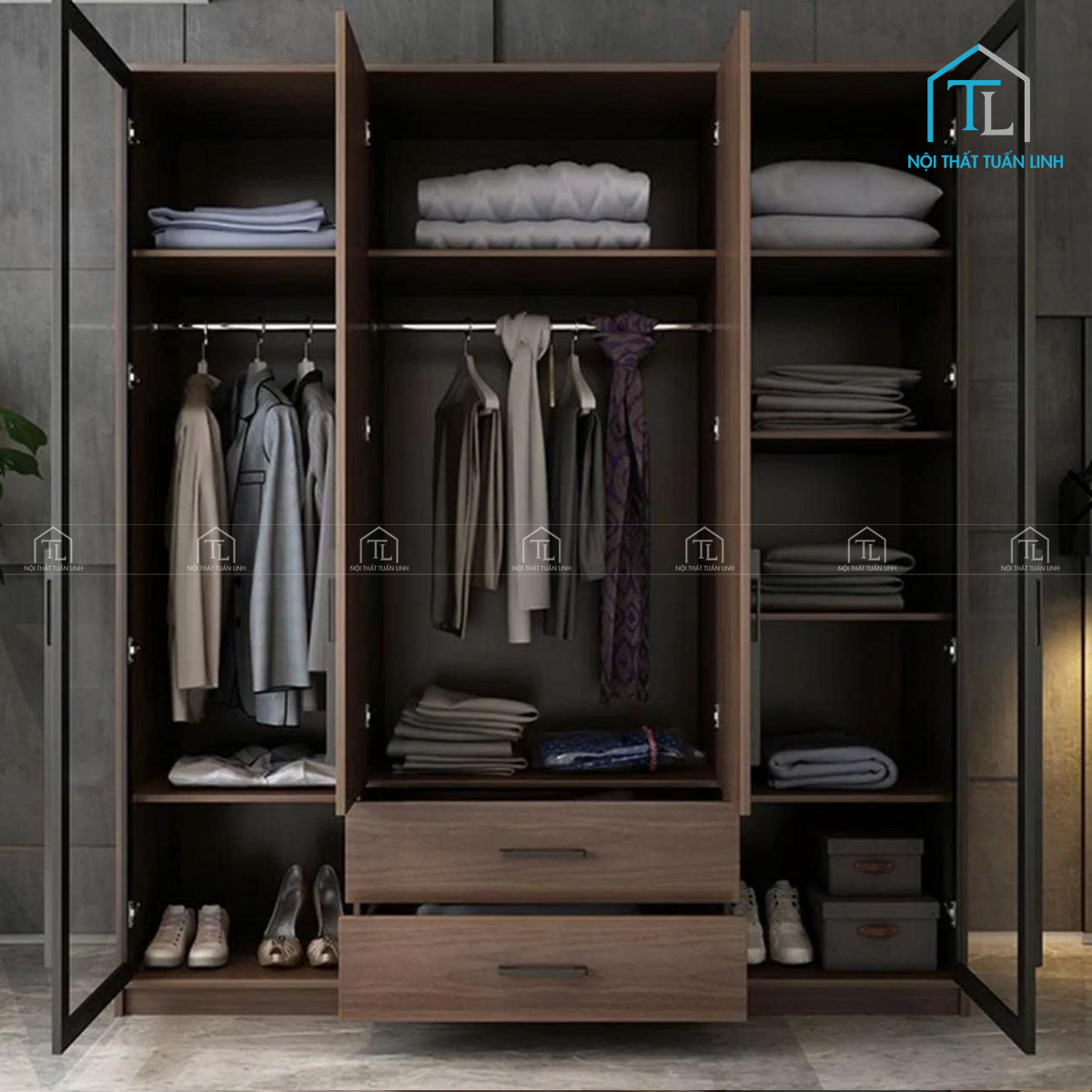 Tủ quần áo cánh kính gỗ MDF màu đen vân gỗ thiết kế hiện đại