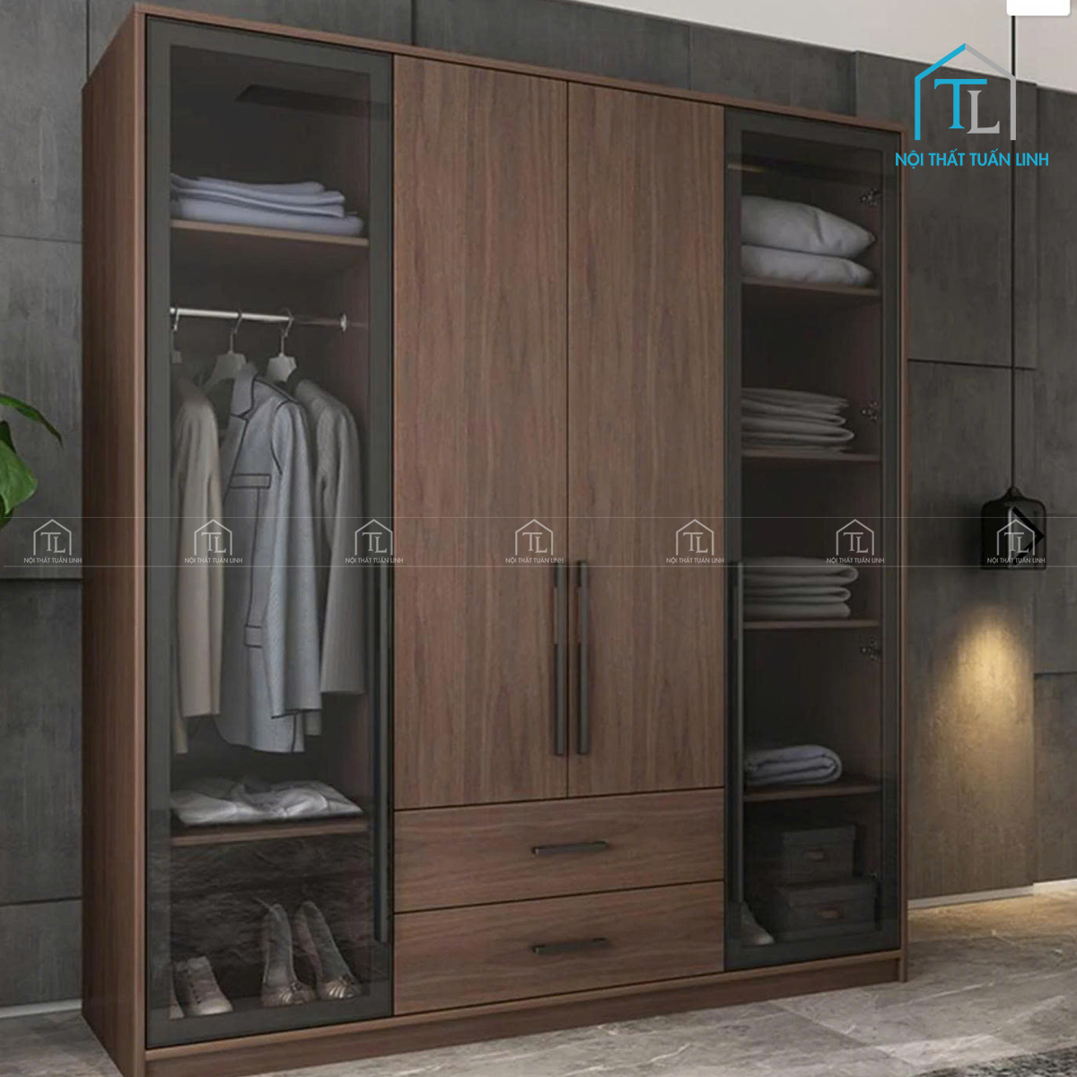 Tủ quần áo cánh kính gỗ MDF màu đen vân gỗ thiết kế hiện đại