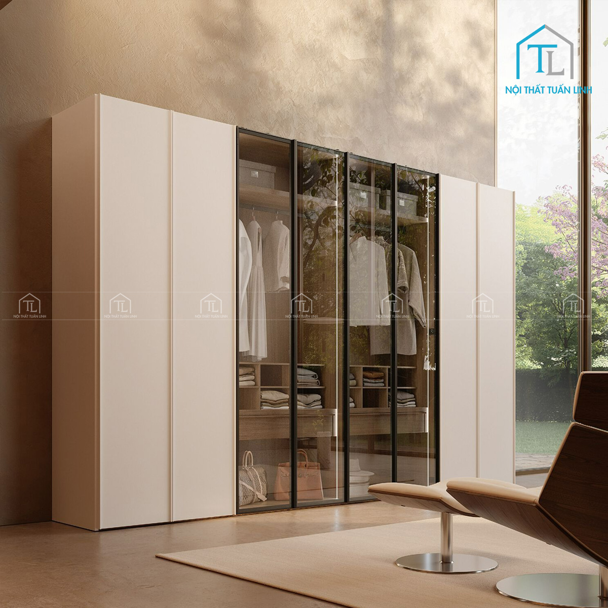 Tủ quần áo cánh kính gỗ MDF màu trắng thiết kế tiện lợi