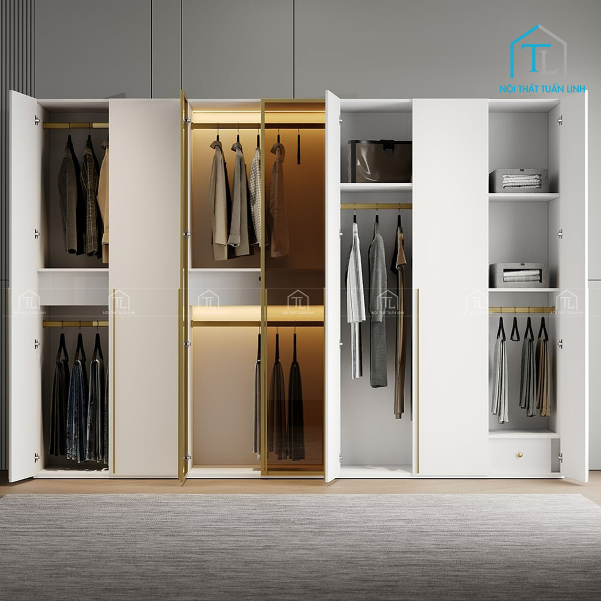 Tủ quần áo cánh kính màu trắng có đèn LED thiết kế hiện đại