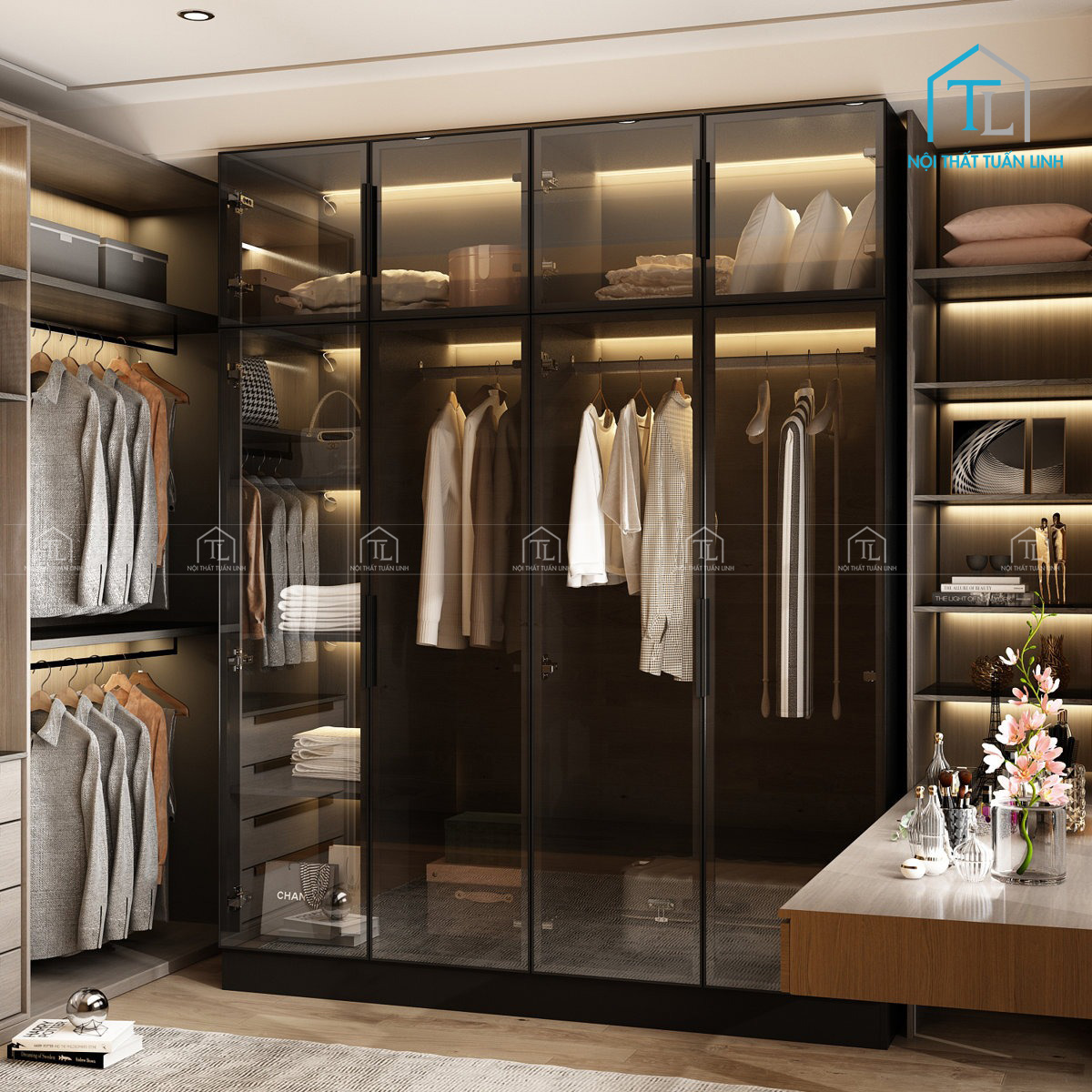 Tủ quần áo cánh kính thiết kế hiện đại tích hợp đèn LED cao cấp