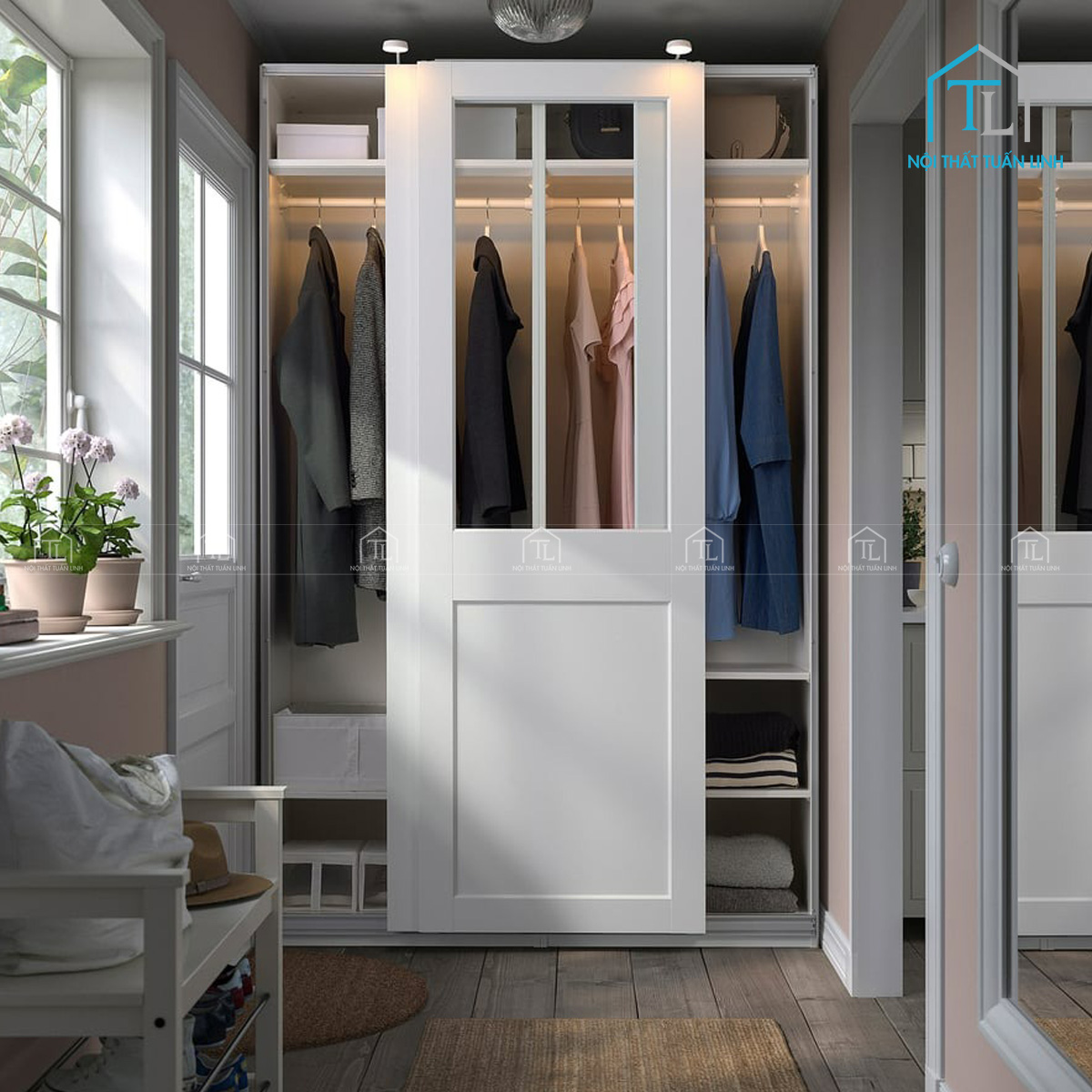 Tủ quần áo cánh kính trượt màu trắng gỗ công nghiệp