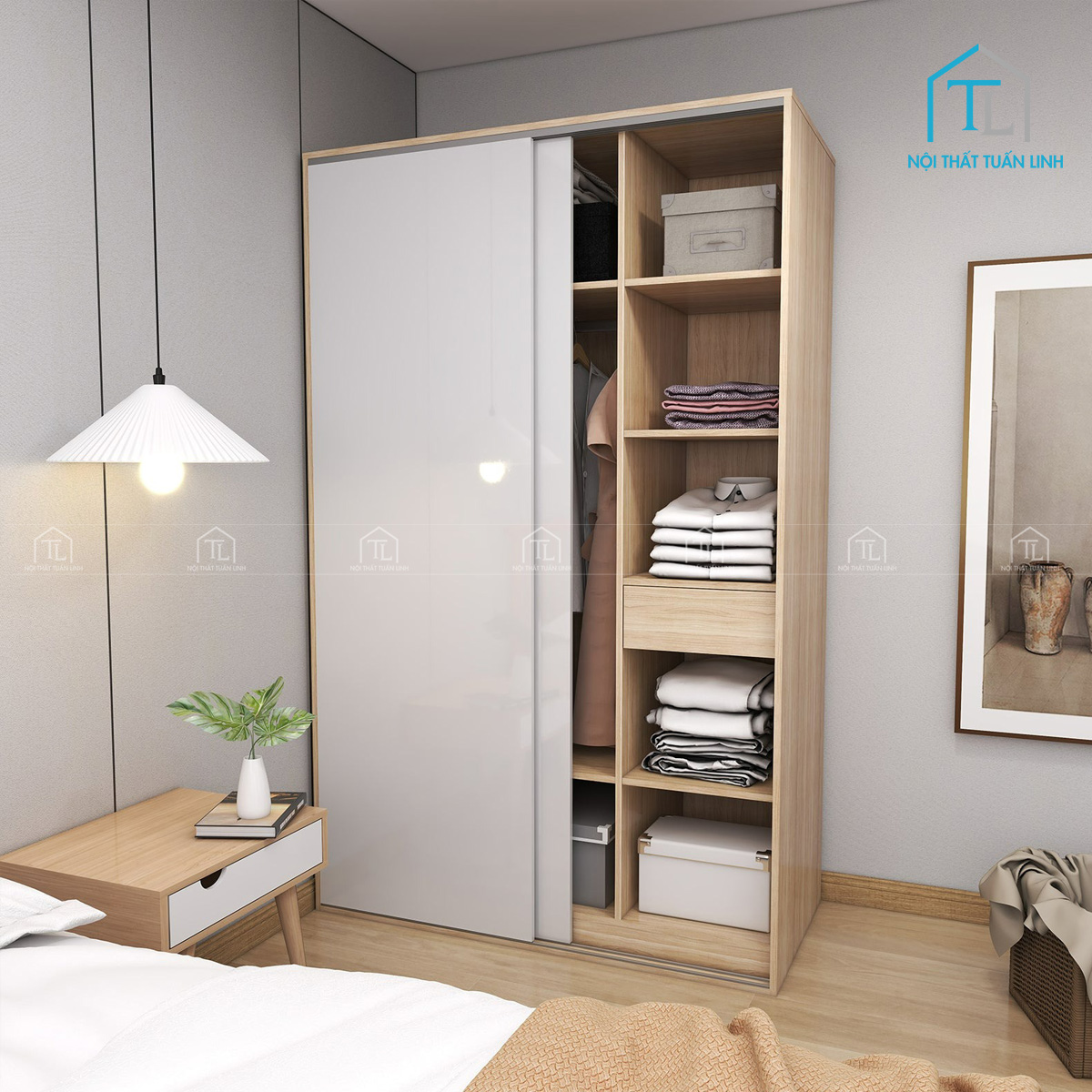 Tủ quần áo cửa lùa gỗ công nghiệp phủ trắng bóng phối vân sồi hiện đại