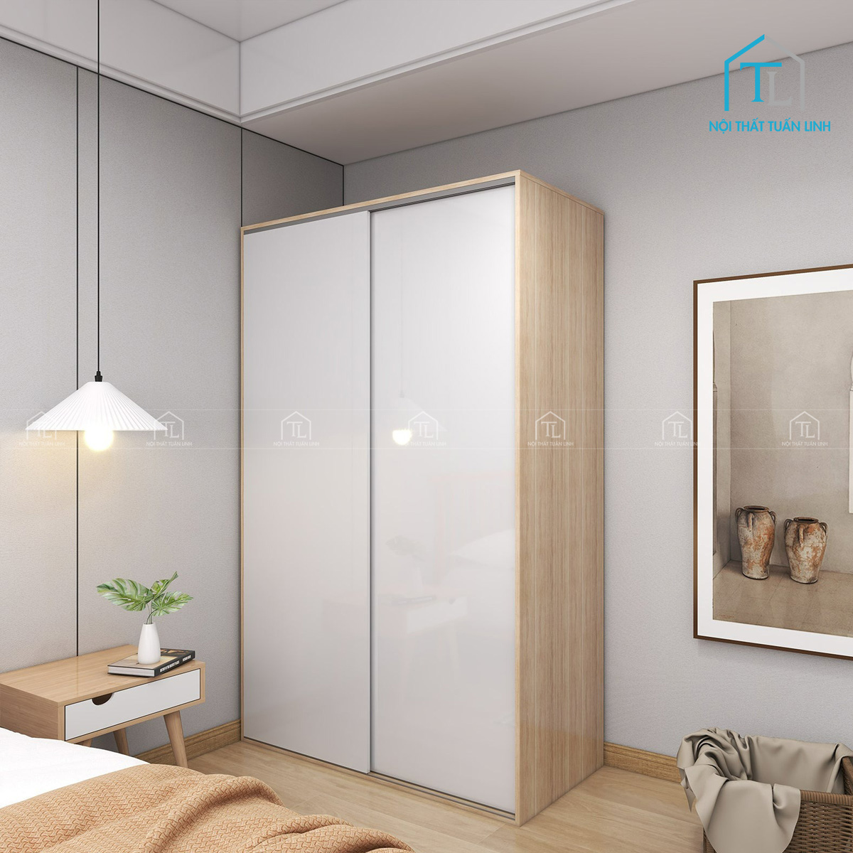 Tủ quần áo cửa lùa gỗ công nghiệp phủ trắng bóng phối vân sồi hiện đại