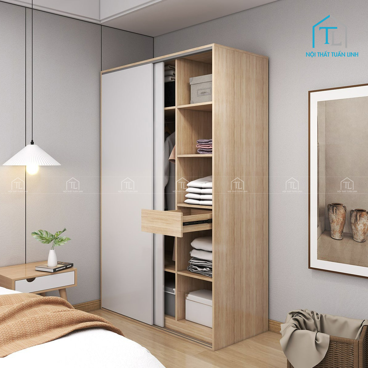 Tủ quần áo cửa lùa gỗ công nghiệp phủ trắng bóng phối vân sồi hiện đại