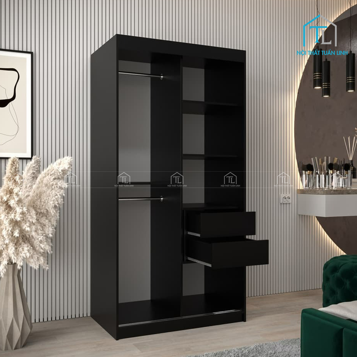 Tủ quần áo cửa lùa kính trong gỗ MDF hiện đại