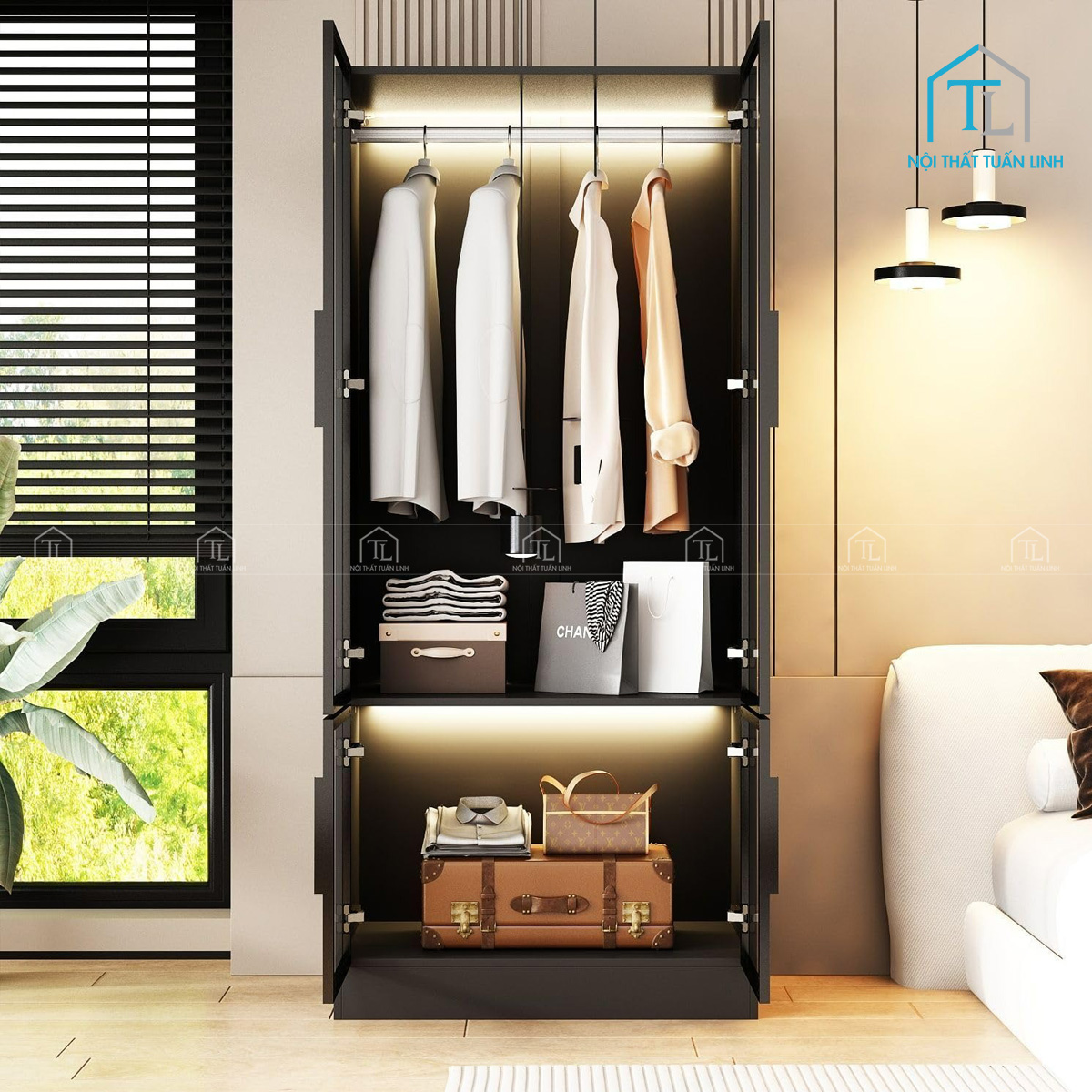 Tủ quần áo gỗ công nghiệp màu đen cánh kính hiện đại