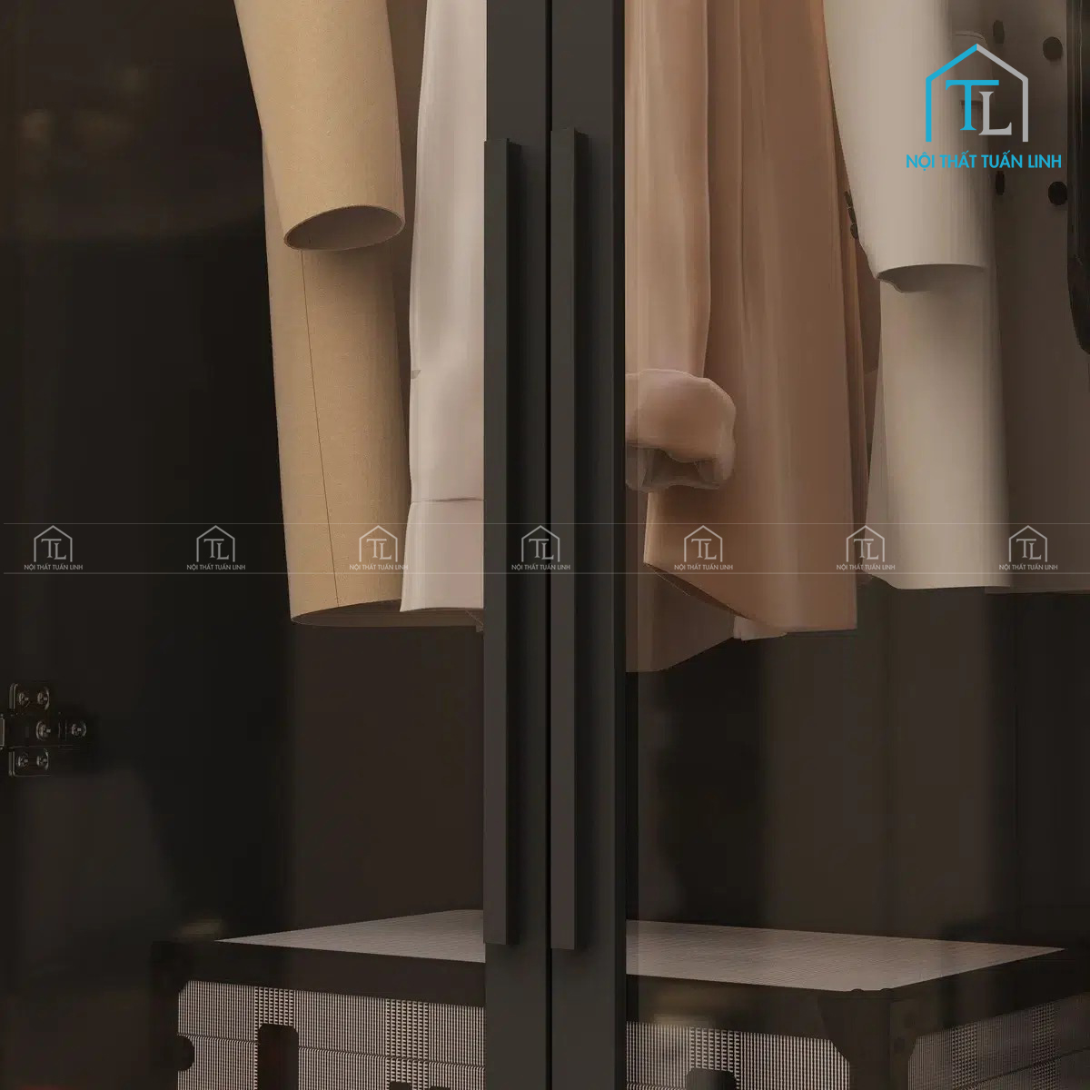 Tủ quần áo MDF cánh kính thiết kế hiện đại, tích hợp đèn led