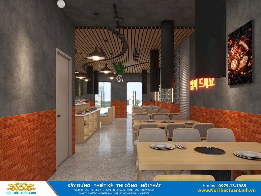 Thiết kế nội thất nhà hàng nướng Hàn Quốc hiện đại, trần lam gỗ uốn cong, tường gạch đỏ và hệ thống hút khói tại bàn.