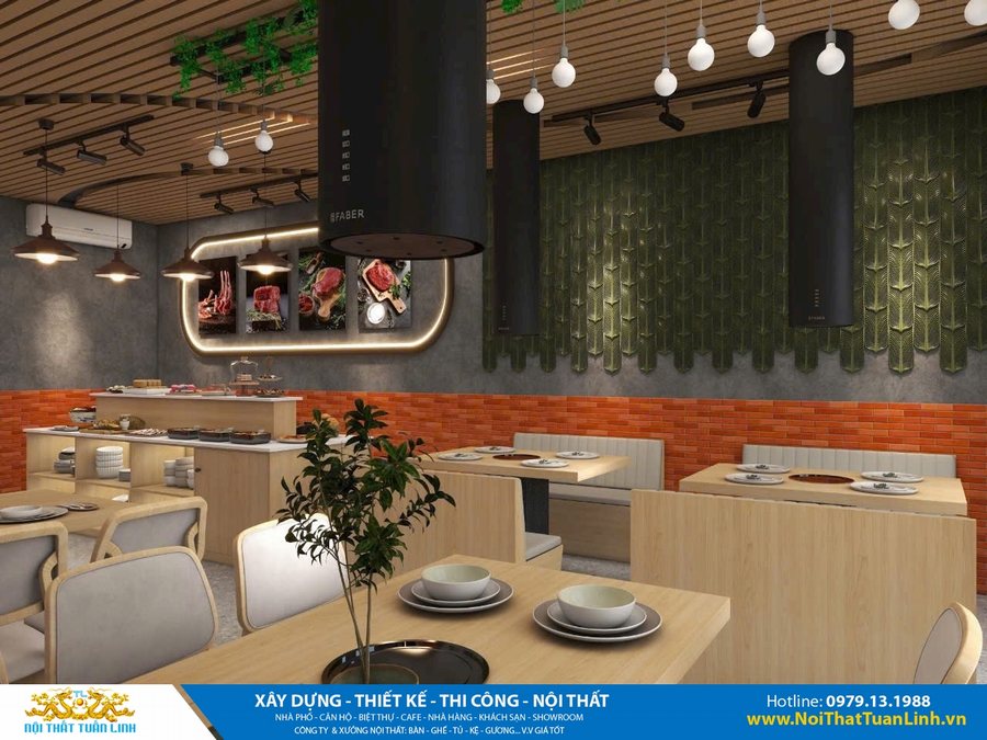 Thiết kế nội thất nhà hàng nướng hiện đại với tường gạch đỏ, mảng xanh 3D, bàn nướng âm và hệ hút khói âm trần.