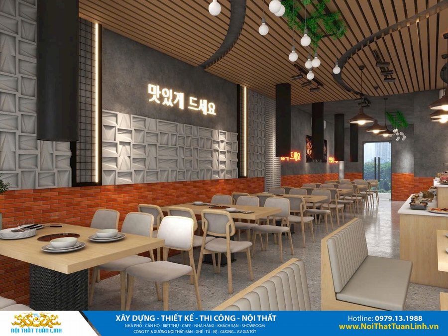 Thiết kế nhà hàng nướng Hàn Quốc hiện đại với trần lam gỗ uốn cong, quầy line buffet, tường bê tông và gạch đỏ phối hợp tinh tế.