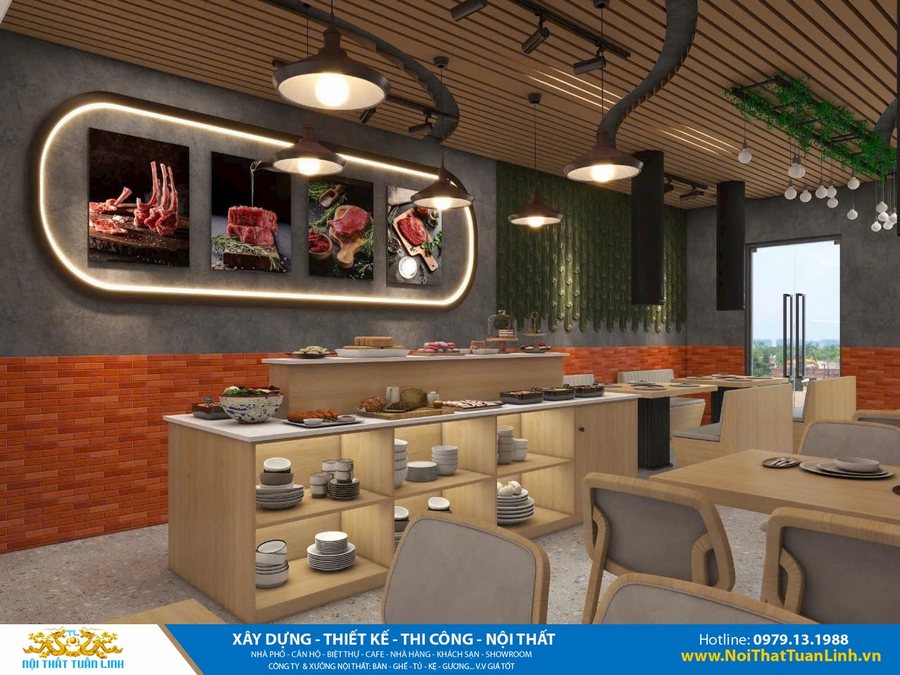 Thiết kế nhà hàng nướng Hàn Quốc hiện đại với trần lam gỗ, tường 3D, đèn trang trí và nội thất gỗ phối hợp tinh tế.