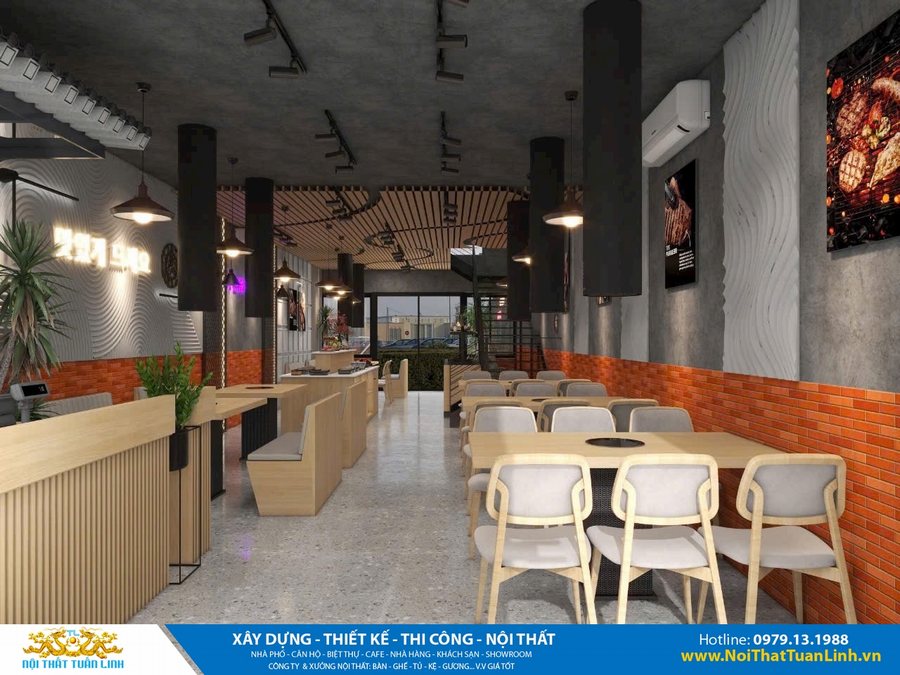 Không gian nội thất nhà hàng BBQ phong cách Hàn Quốc, tường gạch đỏ phối bê tông, trần đèn công nghiệp, bàn ghế gỗ sáng màu tích hợp bếp nướng và khu lễ tân hiện đại.