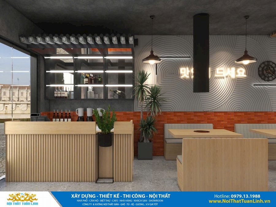 Quầy bar nhà hàng BBQ Hàn Quốc với thiết kế gỗ nan, tủ rượu hiện đại, tường 3D vân xoáy, gạch đỏ và bàn ghế gỗ tích hợp bếp nướng, kết hợp cây xanh và đèn trang trí.