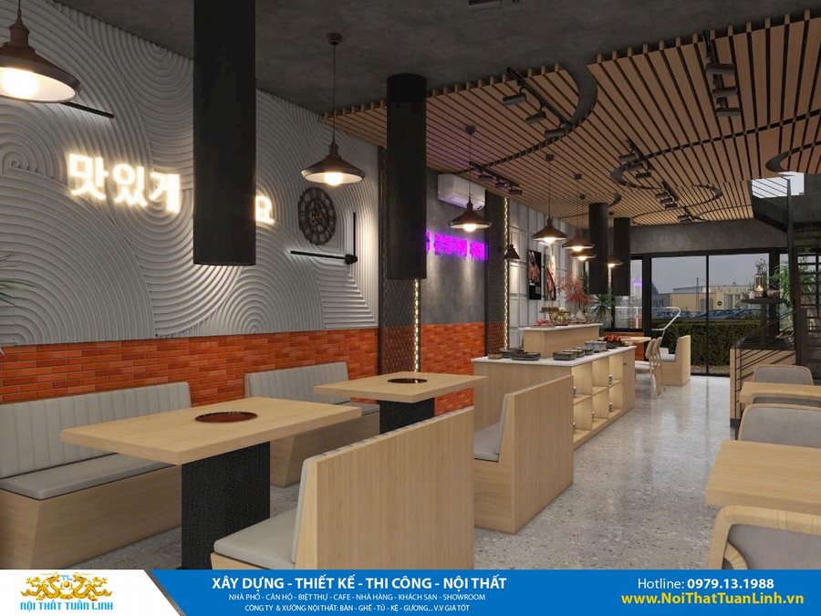 Không gian nhà hàng BBQ Hàn Quốc với trần gỗ lam cong, tường gạch đỏ kết hợp panel 3D, bàn ghế gỗ tích hợp bếp nướng, đèn thả trang trí và chữ Hàn phát sáng nổi bật.