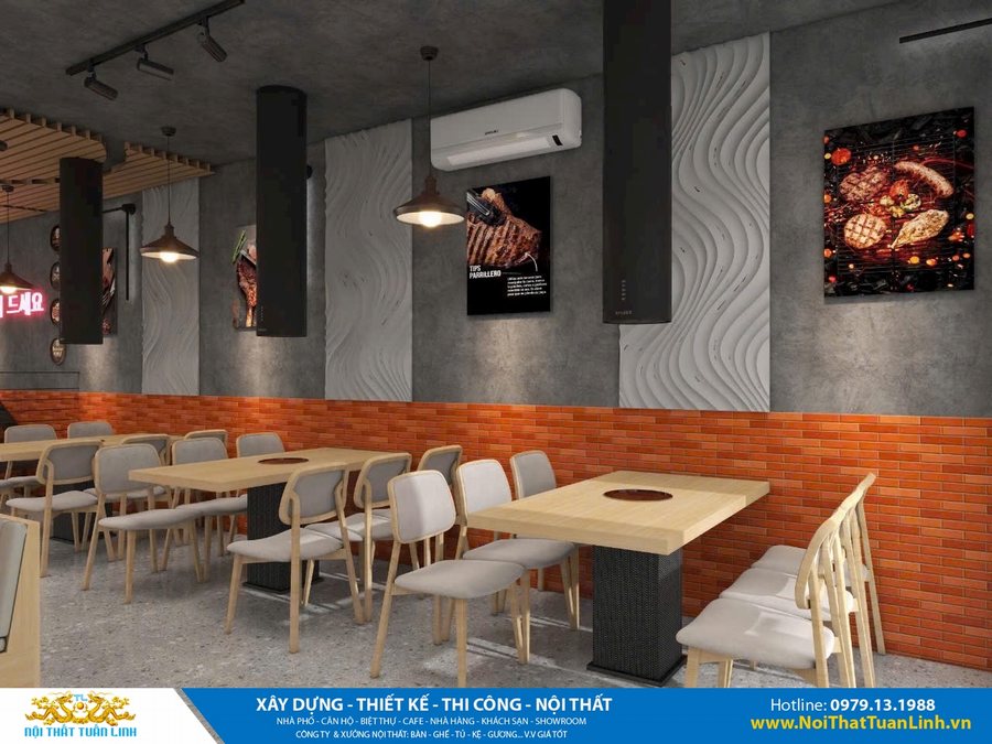 Thiết kế nội thất nhà hàng BBQ với tường bê tông, ốp gạch đỏ, panel 3D, bàn nướng âm, ghế gỗ nệm và đèn hút khói treo trần, mang phong cách hiện đại pha công nghiệp.