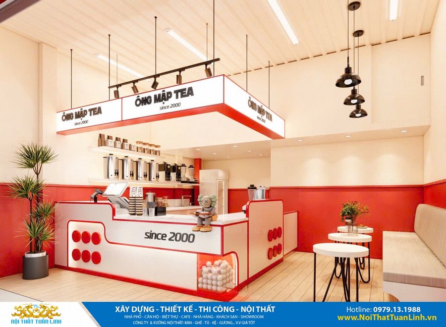 Thiết kế thi công nội thất quán cafe trà sữa nhỏ phong cách hiện đại, phối màu đỏ trắng, bàn ghế đơn giản, phù hợp với mô hình kinh doanh nhỏ