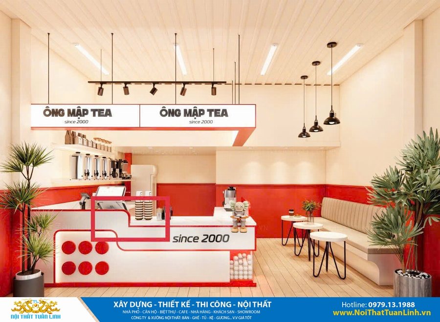 Thiết kế quán cafe trà sữa Ông Mập Tea theo phong cách hiện đại, sử dụng tone đỏ – trắng năng động, nội thất đơn giản, bố trí hợp lý giúp tiết kiệm diện tích nhưng vẫn tạo điểm nhấn độc đáo.