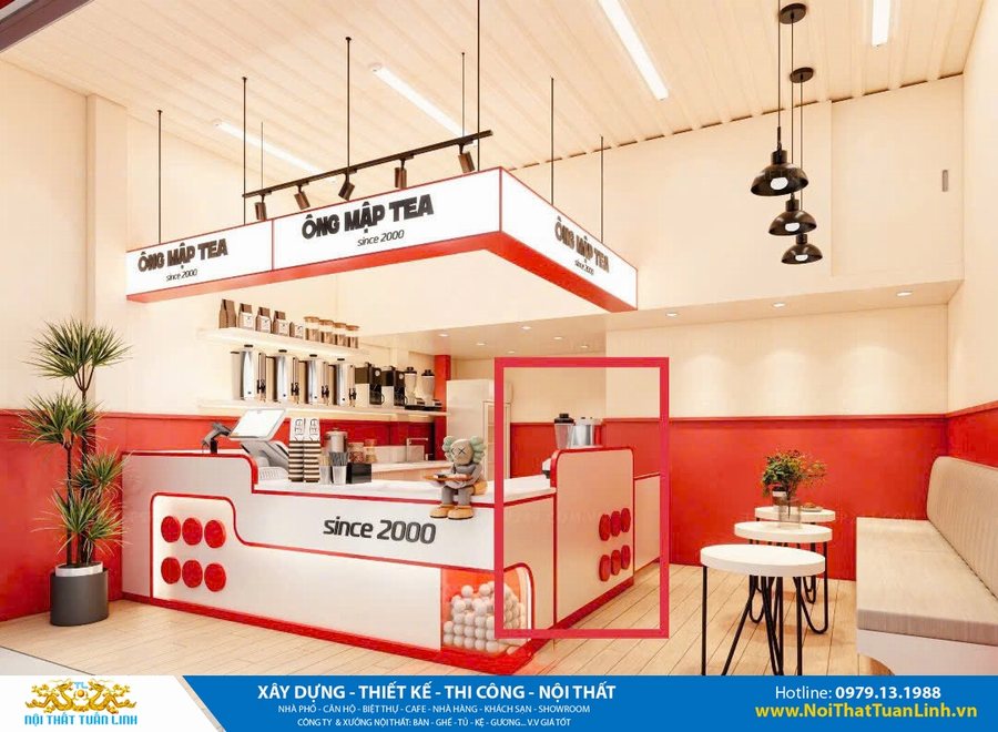 Thiết kế quán cafe trà sữa nhỏ Ông Mập Tea phong cách hiện đại, quầy pha chế màu trắng đỏ, bàn ghế tối giản, đèn thả trần, bố trí hợp lý, phù hợp không gian kinh doanh nhỏ