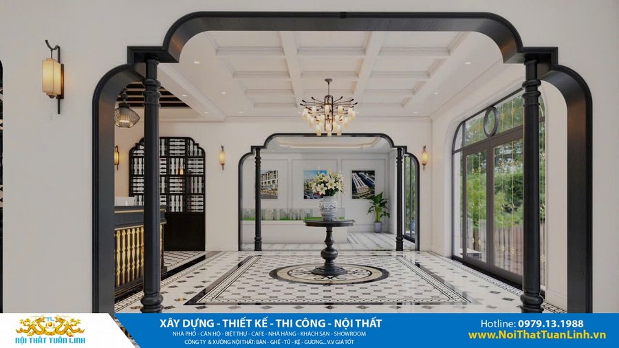 Phòng thay đồ khách sạn tân cổ điển với hệ tủ gỗ đen cánh kính, ghế nhung đỏ, đèn LED hắt tủ và lối đi vòm cong cổ điển.