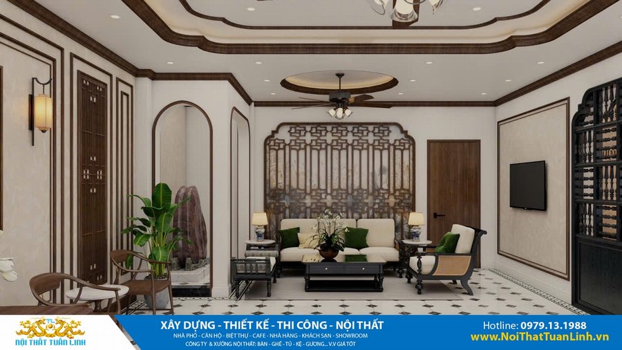 Phòng khách khách sạn tân cổ điển với trần giật cấp, đèn chùm cổ điển, lam gỗ trang trí sau sofa, phào chỉ tường và gạch bông nền.