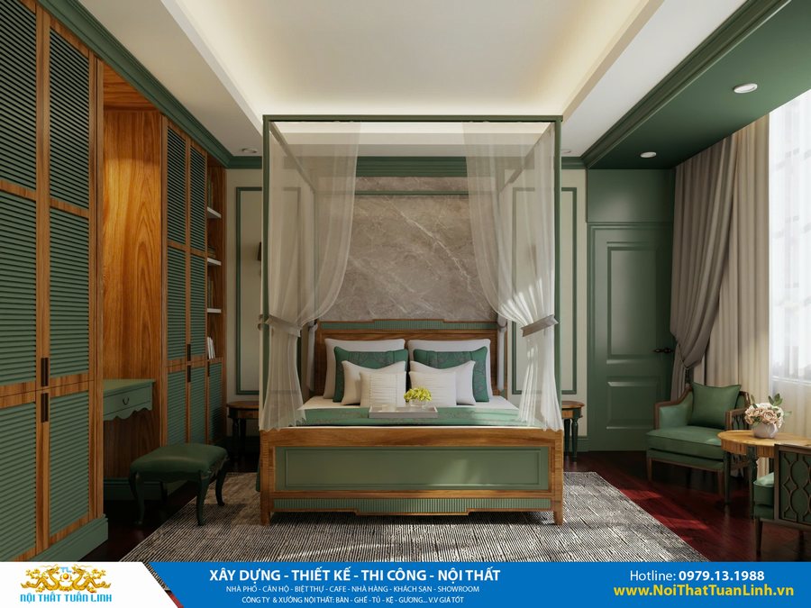 Phòng ngủ tân cổ điển màu xanh rêu phối gỗ tự nhiên đẹp tinh tế