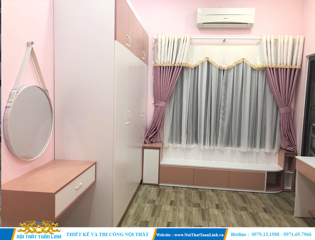 Thiết kế thi công nội thất phòng ngủ với tone màu hồng nhẹ nhàng 2