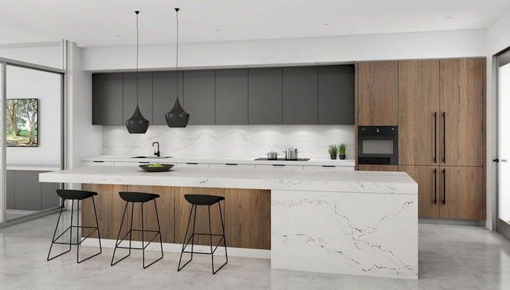 Nội thất phòng bếp theo phong cách đương đại kết hợp chất liệu đá và gỗ 