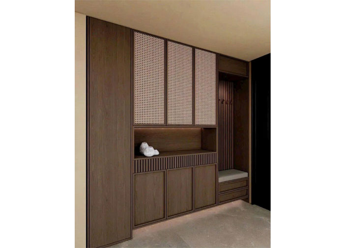 Thiết Kế Tủ Âm Tường Gỗ Tự Nhiên Kết Hợp Nan Trang Trí