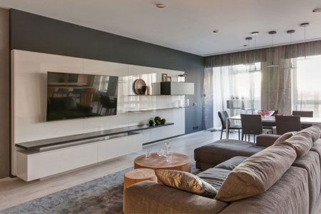 Ý tưởng thiết kế nội thất căn hộ với thiết kế mở màu xám nhạt