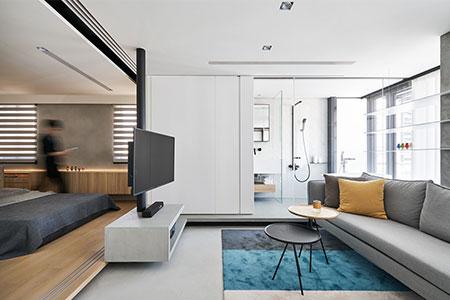 Ý tưởng thiết kế nội thất căn hộ với thiết kế mở màu xám nhạt