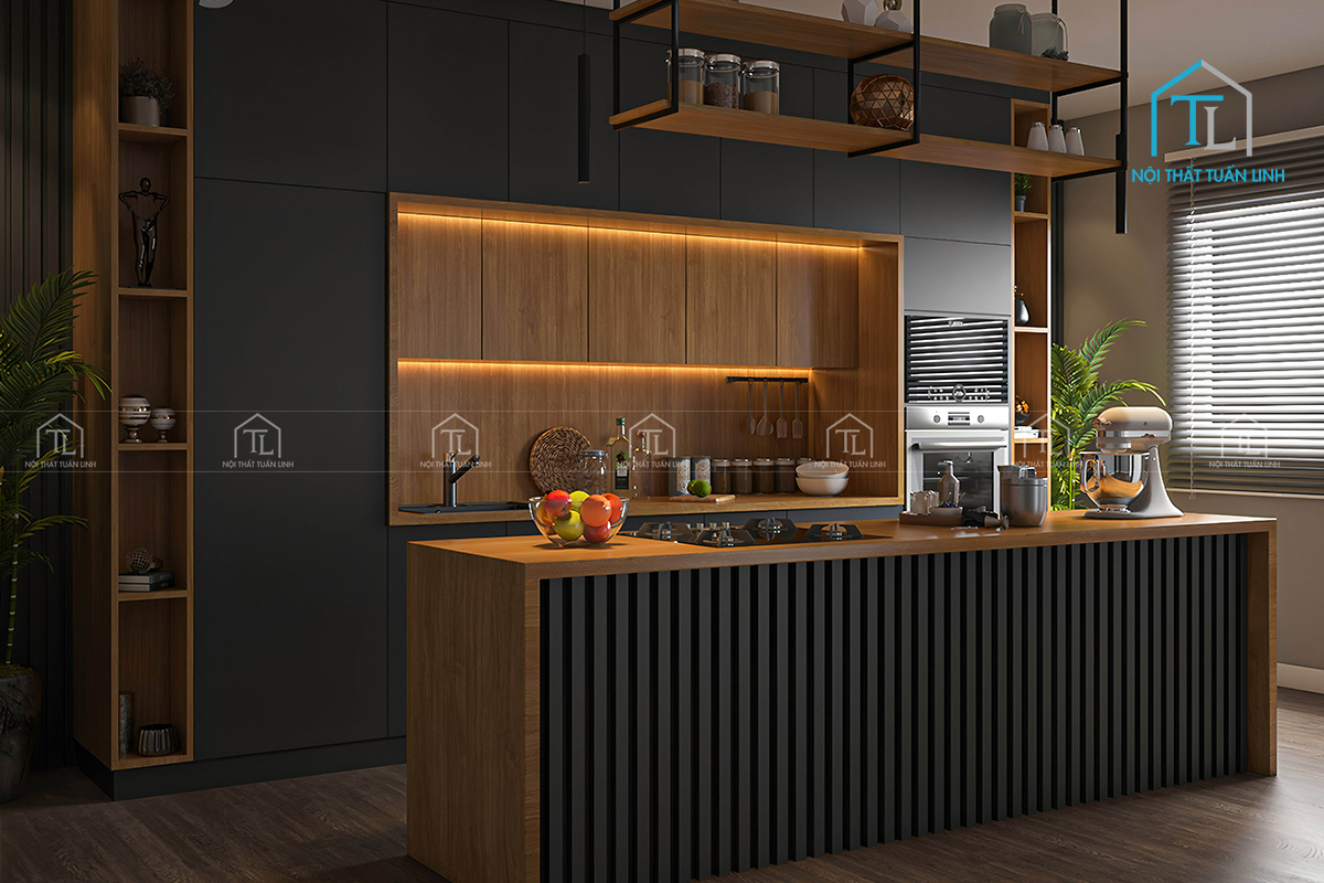 Tủ bếp MDF màu đen phối vân gỗ hiện đại cao cấp
