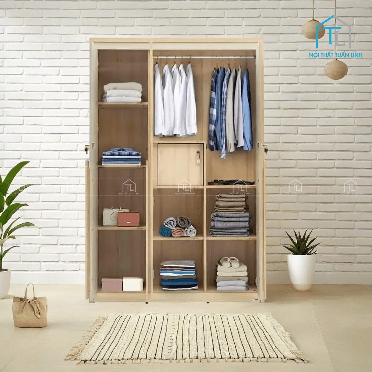Tủ quần áo 3 cánh gỗ MDF phủ melamine thiết kế tiện lợi