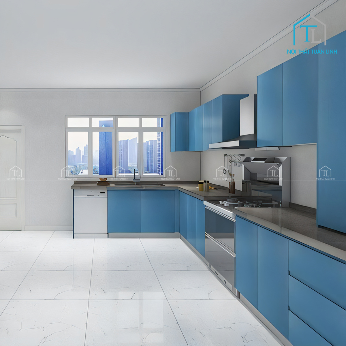 Tủ bếp gỗ công nghiệp màu xanh dương thiết kế hiện đại