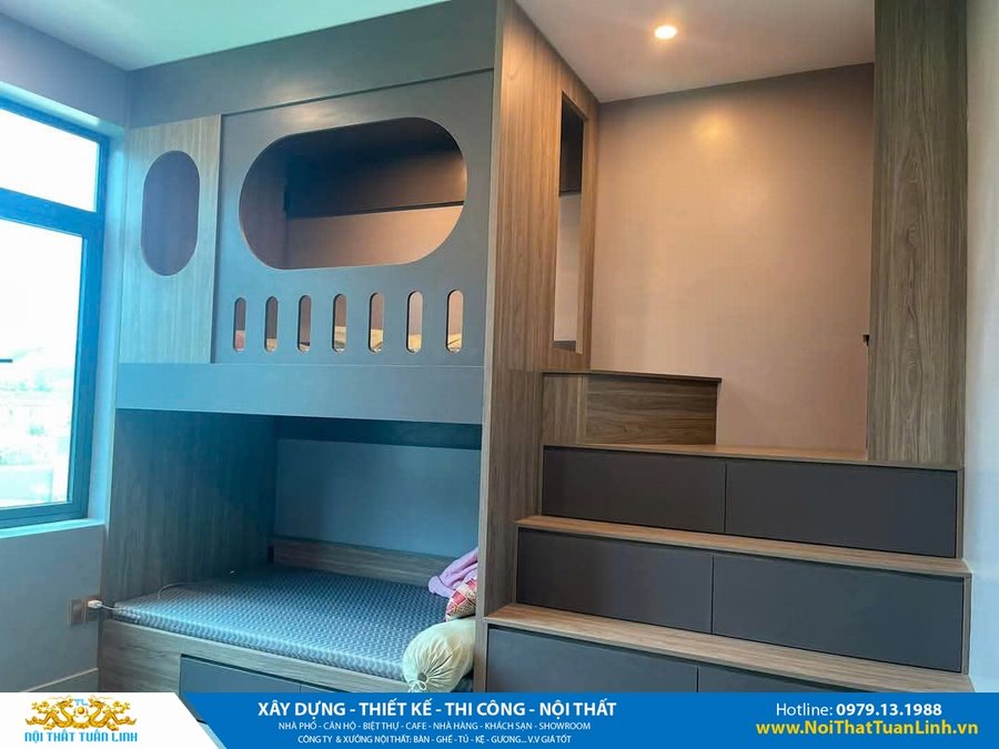 Thiết Kế – Thi Công Giường Tầng Thông Minh Cho Trẻ Em Kết Hợp Cầu Thang Và Tủ Lưu Trữ 