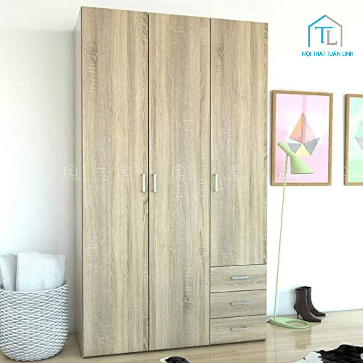 Tủ quần áo gỗ MDF phong cách mộc mạc 3 cánh tiện dụng